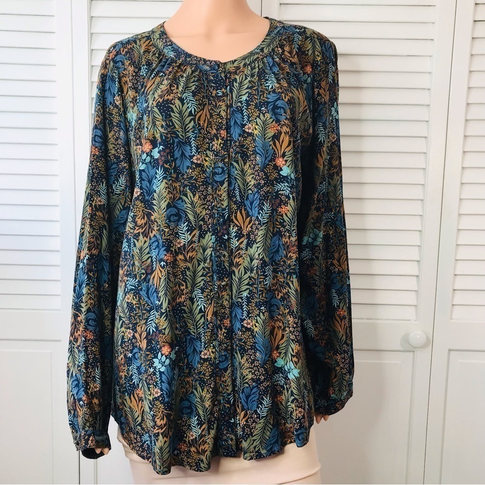 Price firm CJ BANKS Navy Blue Floral Long Sleeve Button Down Shirt Size 1X